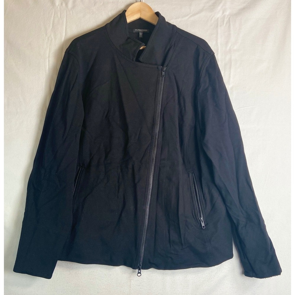 Eileen Fisher Woman Black Moto Jacket 3X Asymmetrical Zip Stretch Minimalist